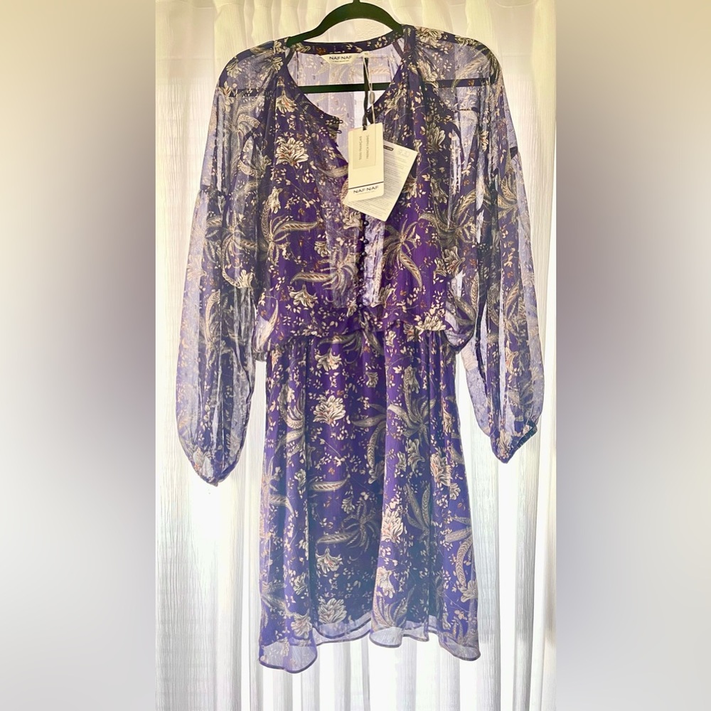 NAF NAF Never worn Short purple dress with buttons. Partially see through top.